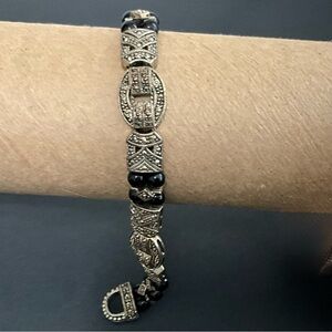 Vintage Signed Premier Designs Marcasite Design w/Black Beads Bracelet